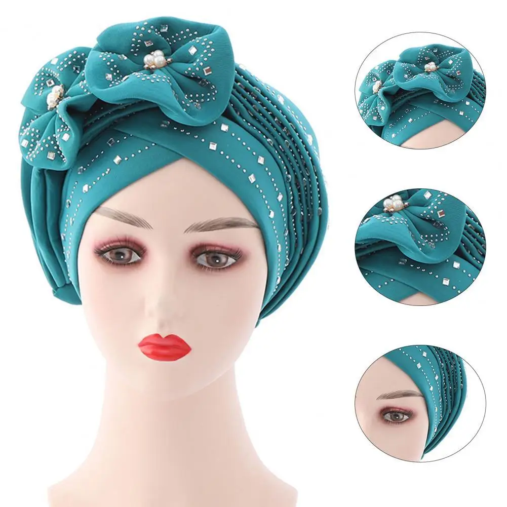 

Pre-Tied Cross Wrap Flower Decor Rhinestone Headscarf Cap for Travel