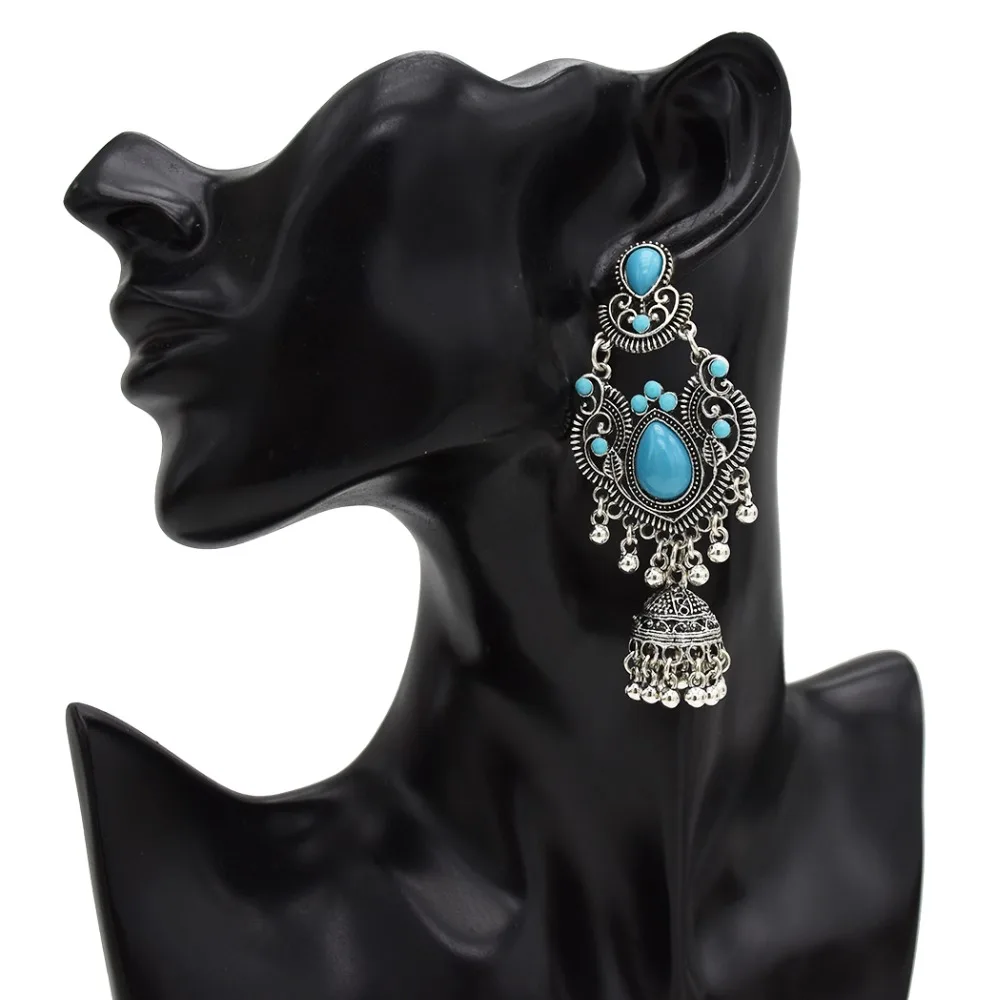 Большие винтажные серебряные серьги jhumka для женщин Boho синие Черные Каменные колокольчики кисточкой Висячие серьги Афган индийские массивные ювелирные изделия