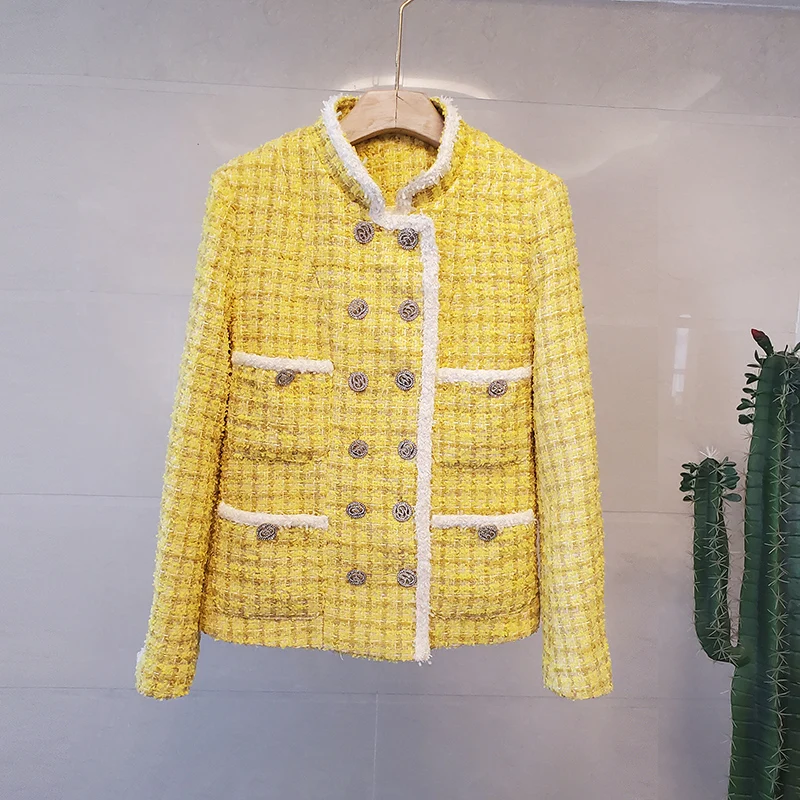 

Elegant Winter Stand Collar Yellow Plaid Jacket Women Pearls Double Breasted Ladies Vintage Tassels Twill Tweed Coat New Fashion