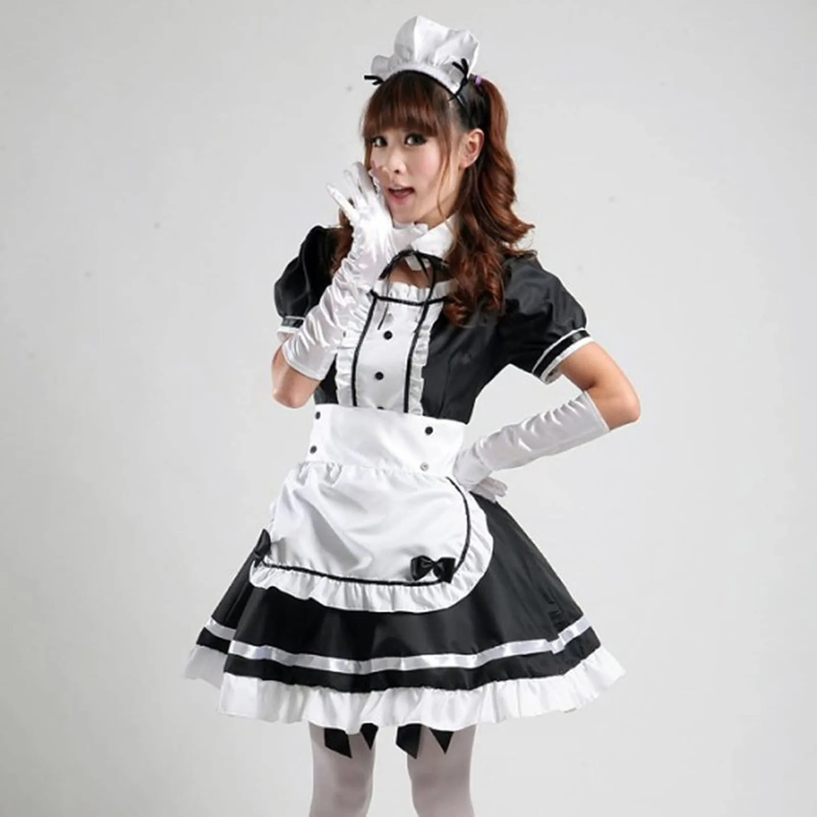 

Sweet Gothic Lolita Dress Lingerie Maid Cosplay Costume Women Headwear Apron Fake Collar Bowknot Dress Halloween Costume D4