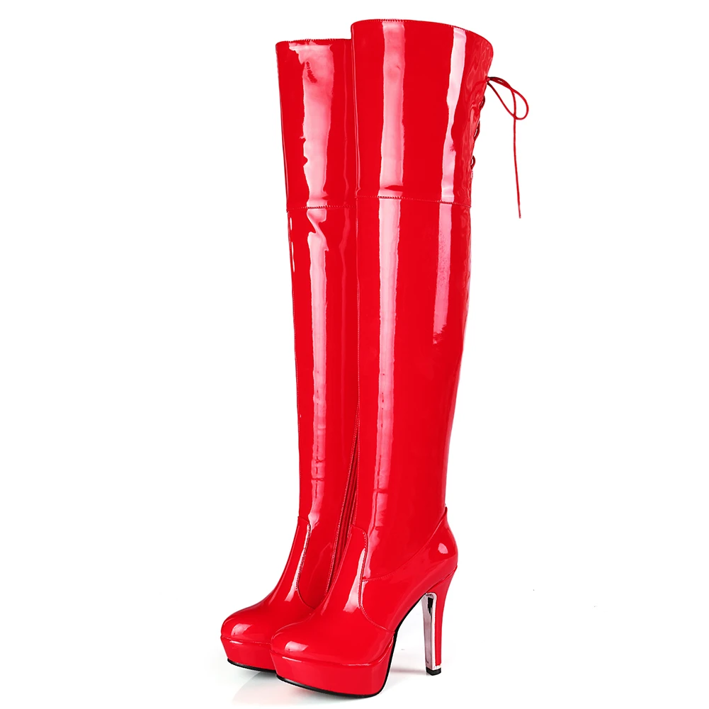 red style 3 BONJOMARISA 32-48 модные сапоги до бедра из лакированной искусственной кожи женские вечерние ботфорты выше колена женская обувь на платформе и высоком каблуке - Цвет: red style 3