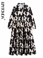 kpytomoa women 2021 fashion geometric print ruffled midi dress vintage three quarter sleeve button up female dresses vestidos
