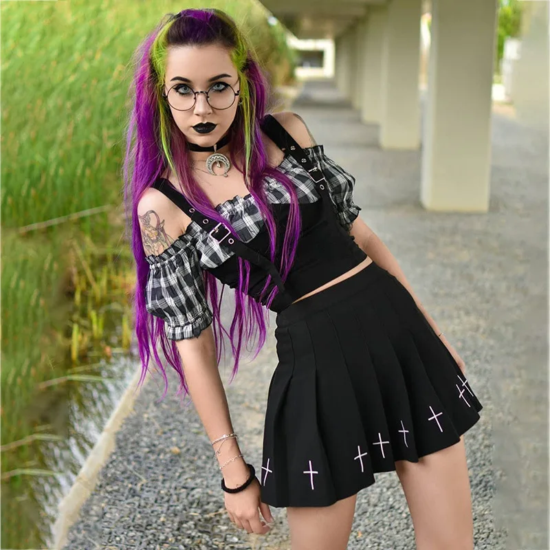 

Harajuku JK Black Pleated Skirts Gothic Streetwear High Waist Mini Skirt Vintage Korean Style Patchwork Skirt Women