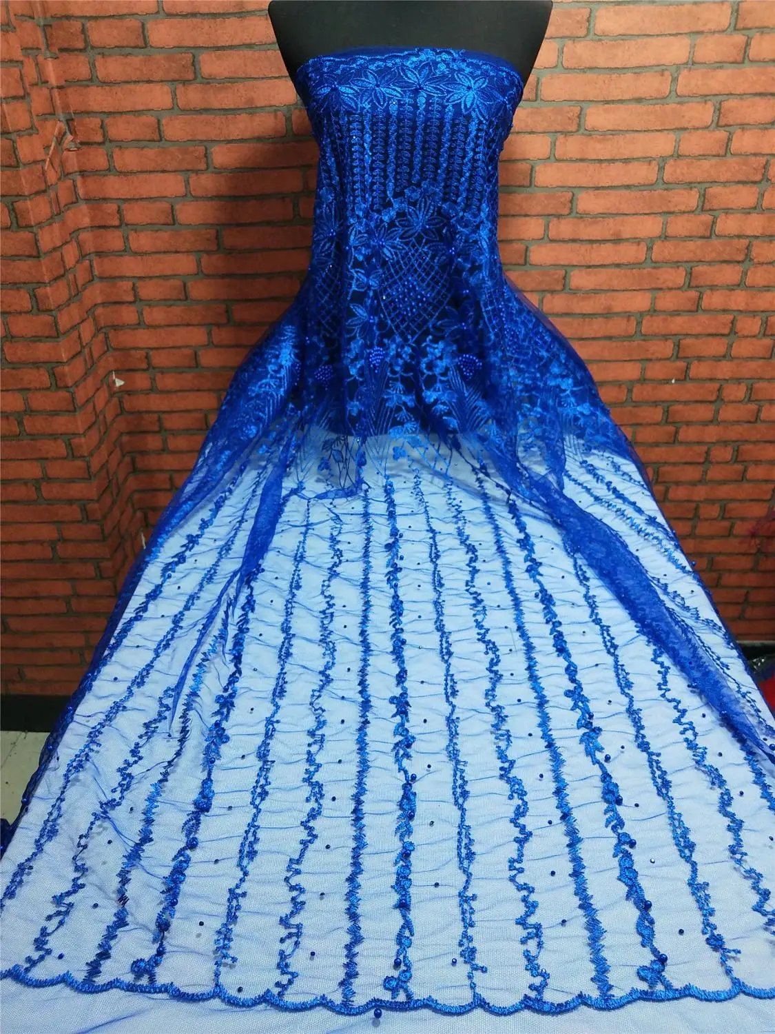Французская Кружевная Ткань 5 ярдов/партия dhl Королевский синий камни бисер ткани
