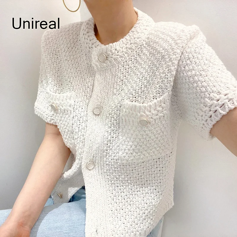 

Unireal 2021 Summer Autumn Women Knitted T-shirt Vintage Short Sleeve White T Shirt Streetwear Fashion Female Tshirts Top Tees