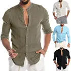 Рубашка мужская Свободная с длинным рукавом, хлопок и лен, Повседневная дышащая удобная, модная Стильная однотонная, лето 2020