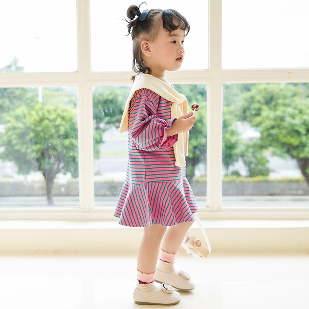 2019 Autumn Children's Dress with Shawl 2 Pcs Set Girl Striped Casual Long Sleeves for Outwear | Детская одежда и обувь