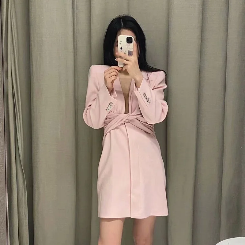 

VUWWYV Za 2021 Pink Black Blazer Short Dress Women Summer Long Sleeve Gathered Knot Type Mini Dresses Woman Office Wear Coats