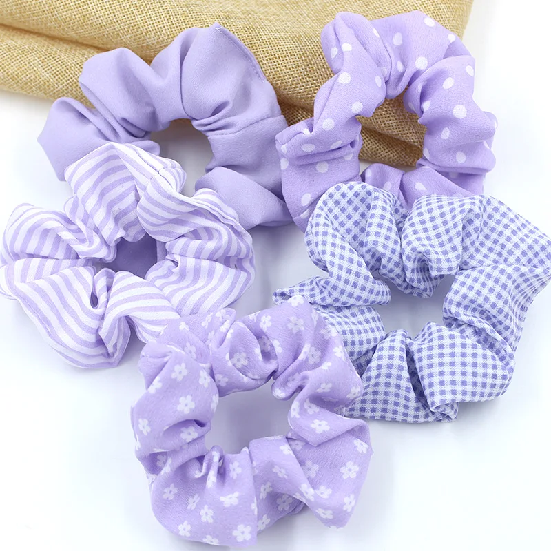 

Purple Series Scrunchies for Hair Big Flower Dots Print Elastic Hair Rubber Bands Plaid Striped Hair Ring Headdress For Children