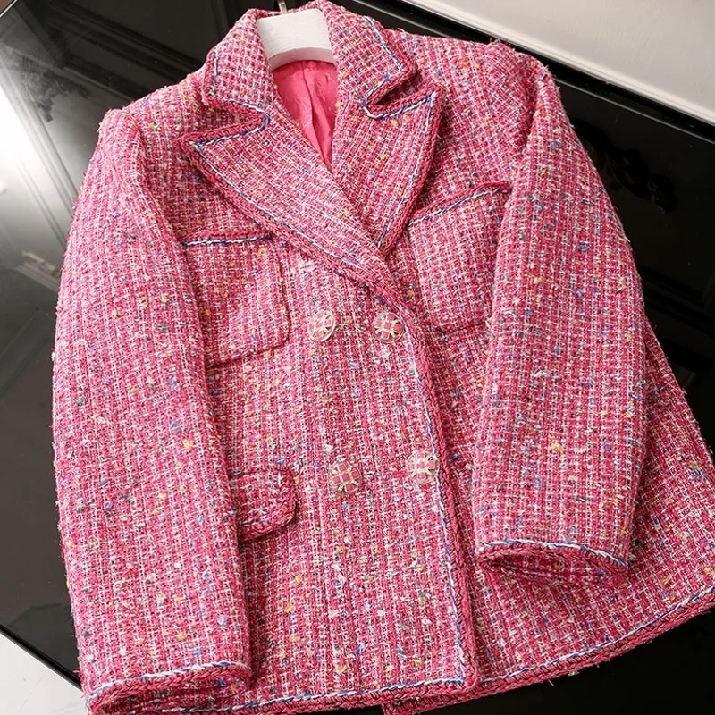 Женский твидовый пиджак с отложным воротником двубортный свободный жакет