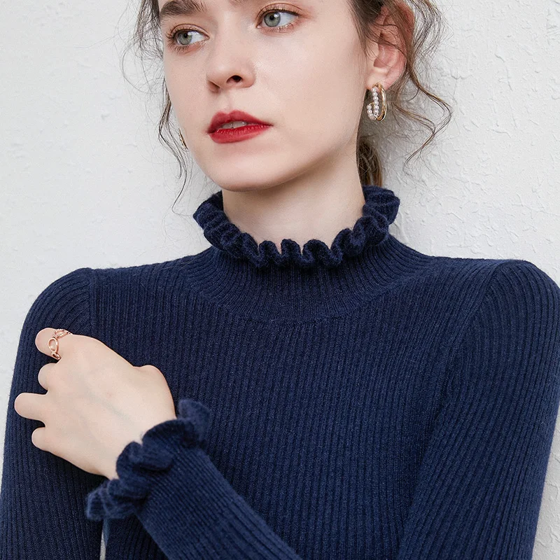 

New Turtleneck Cashmere sweater Women Casual Paragraph Floral collar Long sleeve Sweater Solid color Pullover Sweater