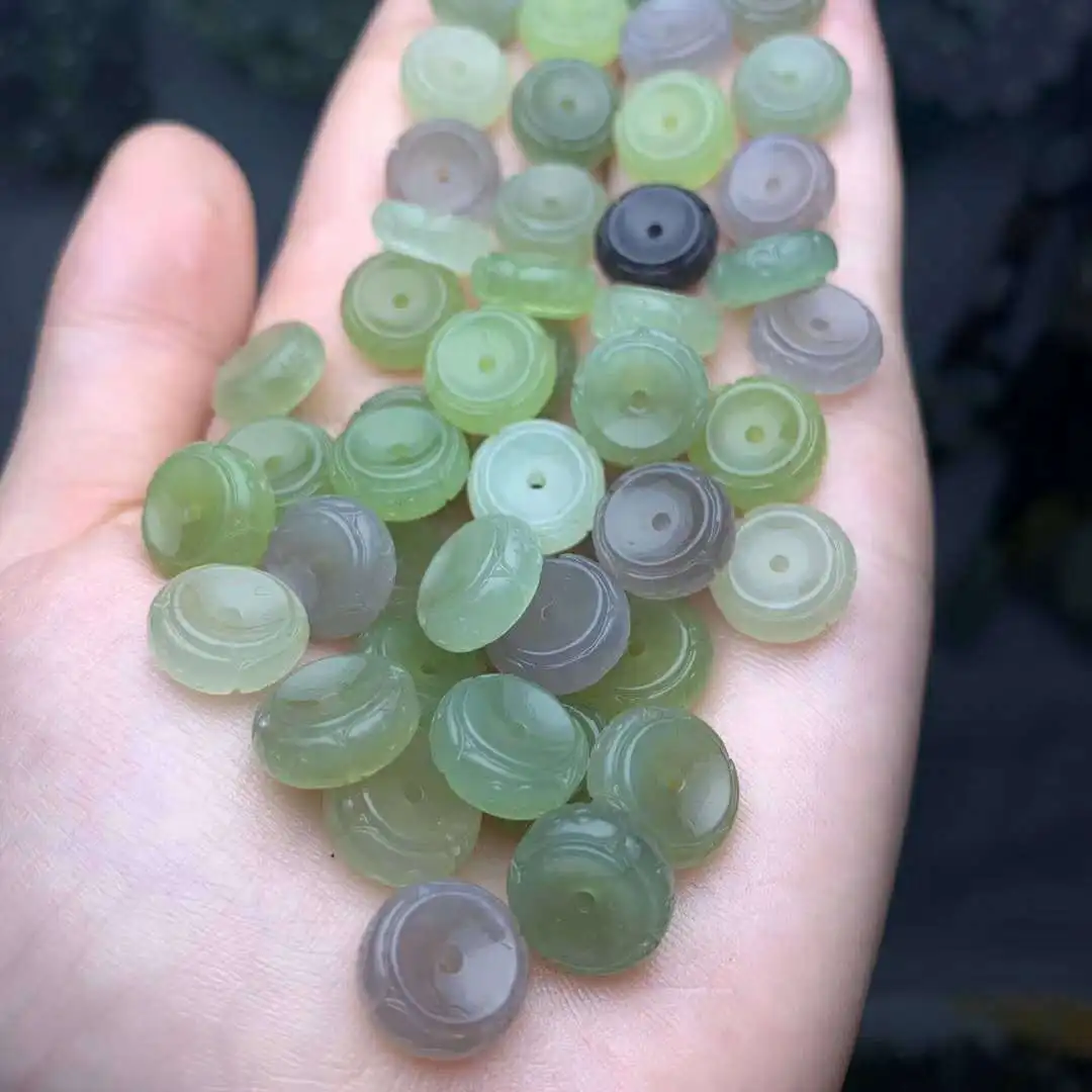 

10PCS Natural Hetian Jade Carved Back Pattern Wheel Beads Through Hole Beads Charm Jade Gem Accessories For Jewelry Making