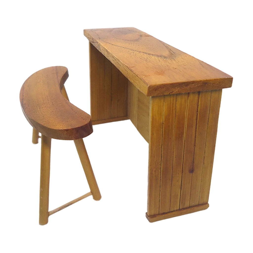 

1/12 Dollhouse Miniatures Shabby Chic Wooden Desk and Stool for Bar Study Office Creative Furniture Model Decoration Toys