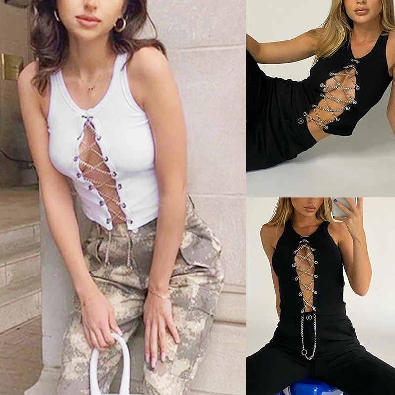 

Women's Fashion Round Neck Sleeveless Sexy Hollow Short Solid Color Vest Tops