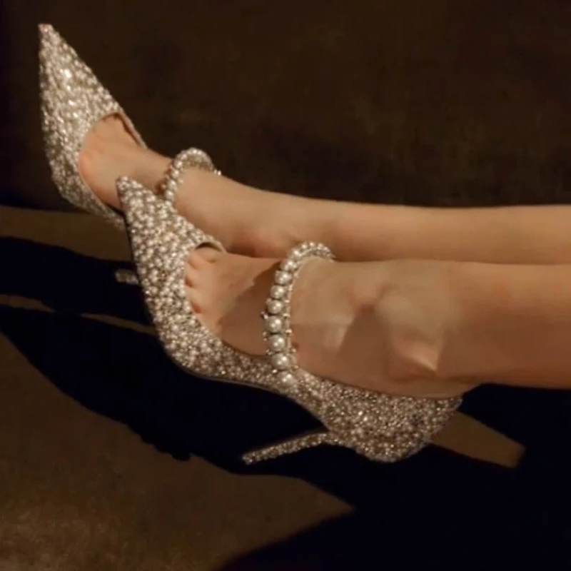 

Новинка, женские туфли-лодочки с острым носком, украшенные кристаллами и бусинами, на высоком каблуке-шпильке, вечерние туфли Стразы C6