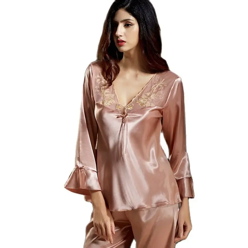 Женские атласные шелковые пижамы роскошная Пижама с вышивкой пижамный комплект