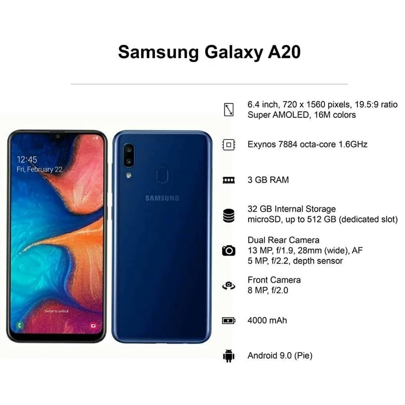 unlocked samsung galaxy a20 a205u a205fds mobile phone 1sim2sim 6 4 3gb ram octa core 2cameras 13mp 4g lte android smartphone free global shipping