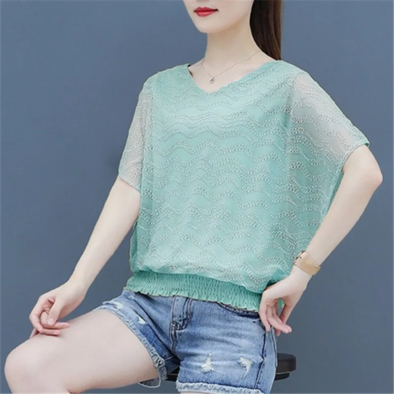 Летняя Корейская Свободная Женская кружевная блузка с коротким рукавом большого