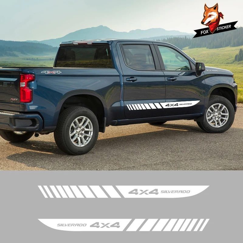 

2 PCS Side Skirts Graphics Vinyl Sticker Car Side Stripes Decals Racing Sport Auto Stickers For Chevrolet Pickup Silverado 4x4