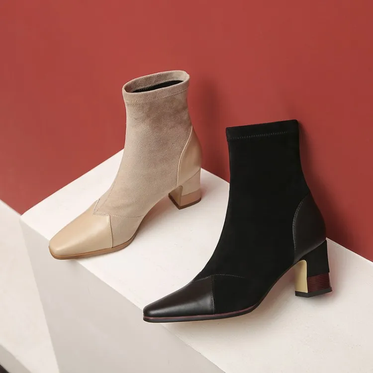 

MLJUESE 2021 women Ankle boots cow leather+Flock winter short plush Square toe high heels female boots size 39