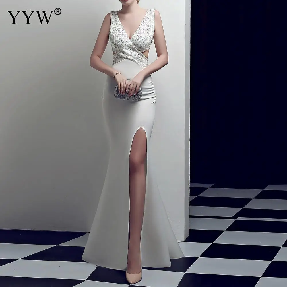 

Elegant Inlaid crystal Formal Dress Lady Sexy Deep V Neck Long Mermaid Dress Side Split Slim Bodycon Party Vestidos Para Robe