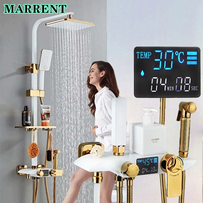 

Fashion Digital Bathroom Shower Set Quality Brass Waterfall Bathtub Mixer Tap Faucets White Gold Thermostatic Bath Shower System