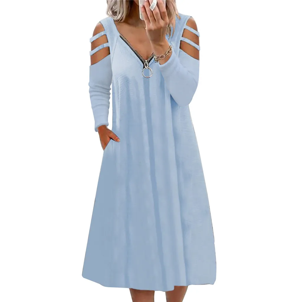 

Женское однотонное платье с V-образным вырезом, открытыми плечами и карманами