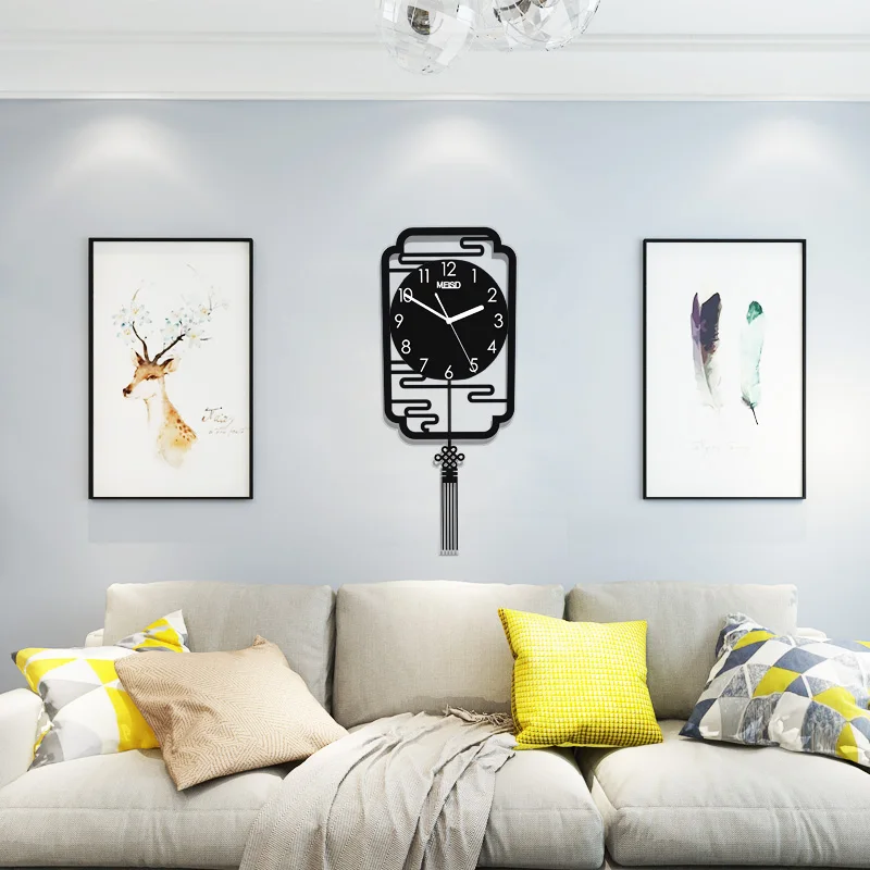 

Wall Clock Modern Design Acrylic Black Rectangle Large 3D Silent Quartz Ruyi Knot Swing Clocks Living Room Home Decor BB50W