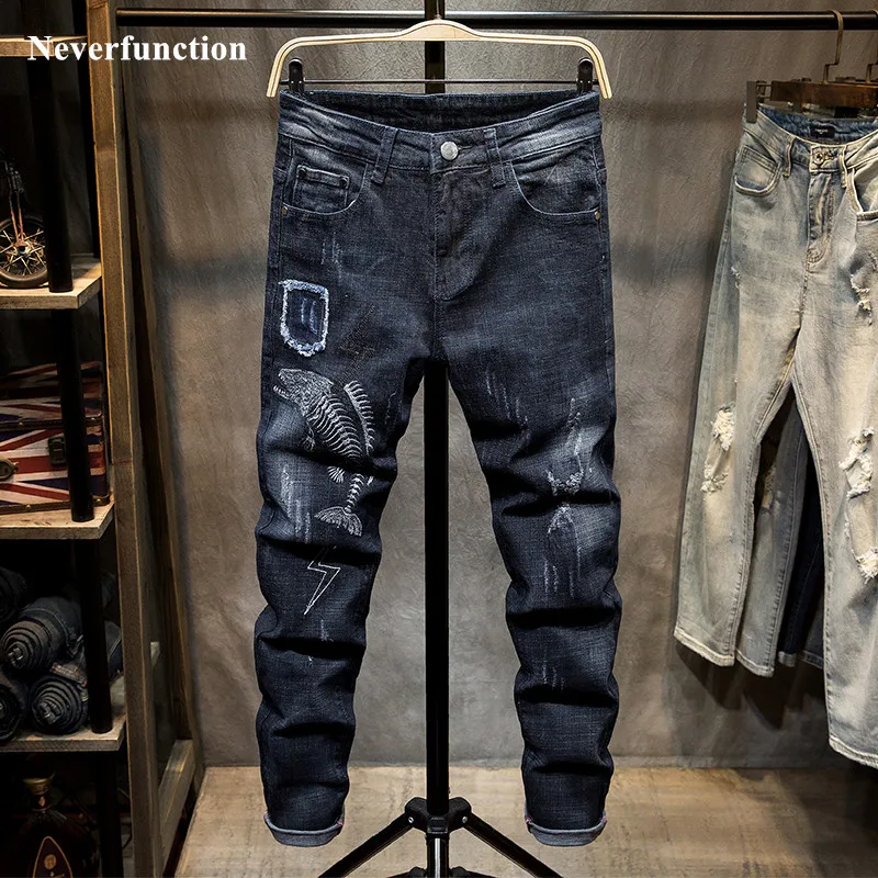 Джинсы мужские рваные с вышивкой рыбья кость Стрейчевые брюки из хлопка