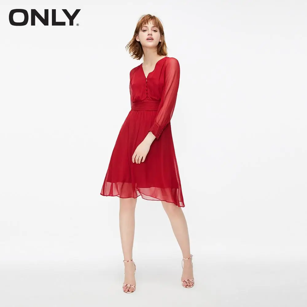 

Женское шифоновое платье-трапеция с V-образным вырезом и длинными рукавами