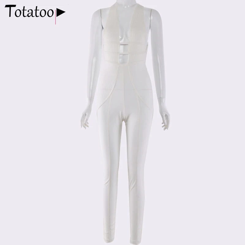 

Totatoop Sexy Deep V Neck Hollow Out Bandage Jumpsuit Women 2020 Summer Sleeveless Backless Club Party White Jumpsuits