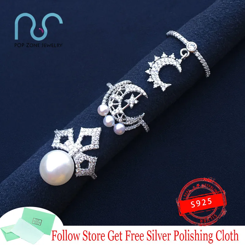 

MALTESE Series Moon Star Ring With Pearls S925 Sterling Silver Luxury Ring Charming Moon Pendant Ring Romantic Lovers Jewelry
