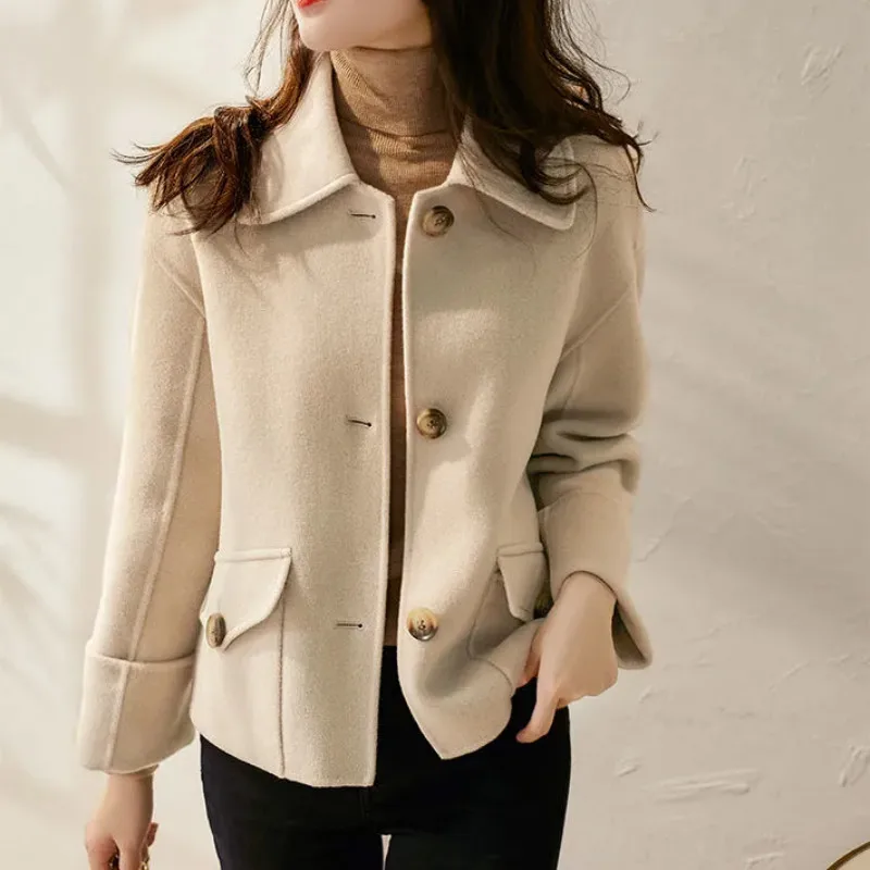 

Women Pocket Woolen Jacket Yellow Short Solid Causal Autumn Coat