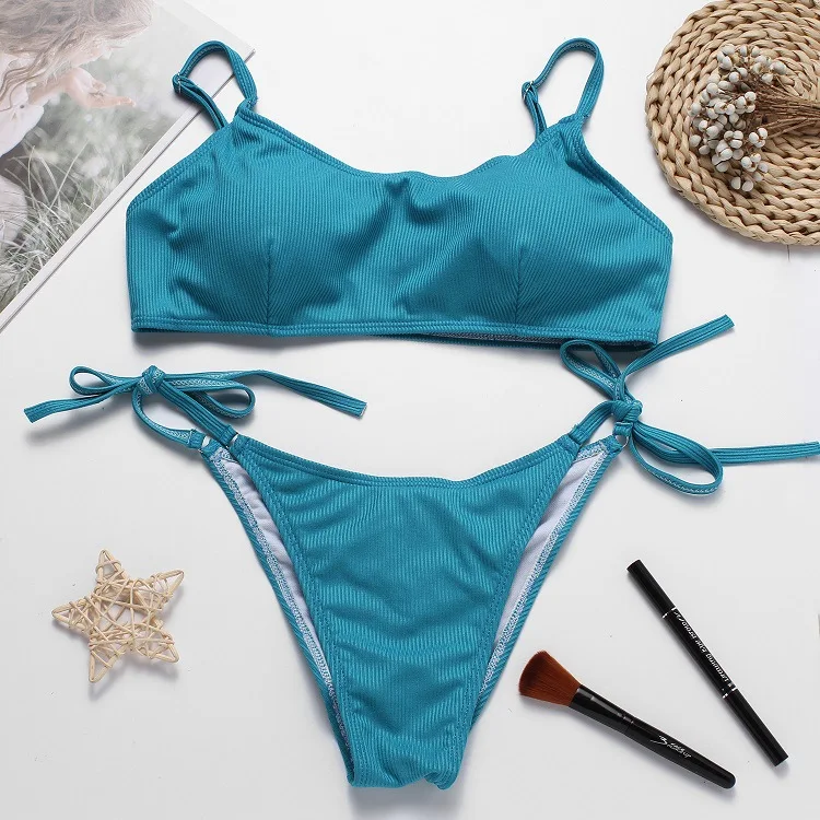 

Adora Slim Bikinis Set Women for Summer 2021 Sky Blue Solid Swimsuit Seaside Holiday New Lady Casual Bathing Suits