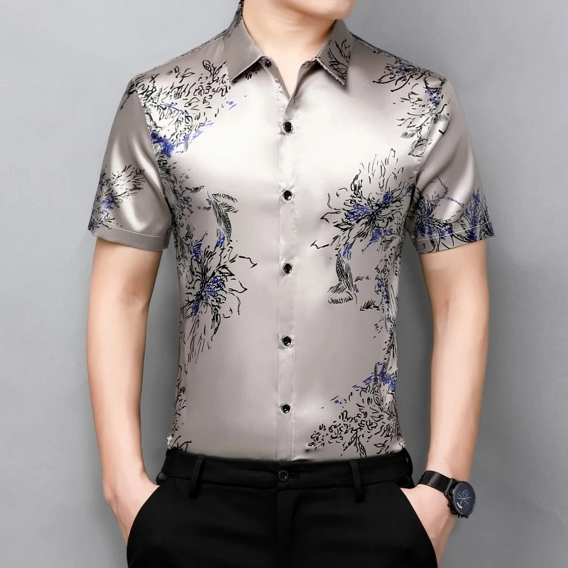 

Летние мужские атласные рубашки с коротким рукавом и цветочным принтом, для среднего возраста, винтажные, приталенные, шелковые, с цветочны...