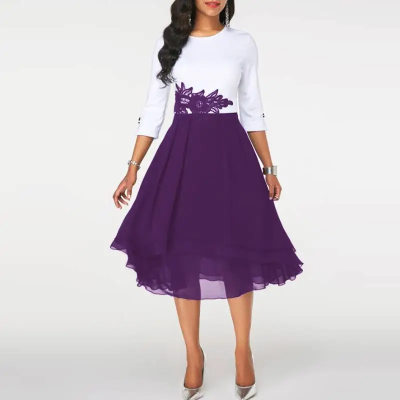 Purple MISSJOY/вечерние платья для женщин, осень, большие размеры, круглый вырез, кружево, пэчворк, офисная работа, элегантная трапециевидная Женская одежда, Vestidos S-5XL - Цвет: Purple