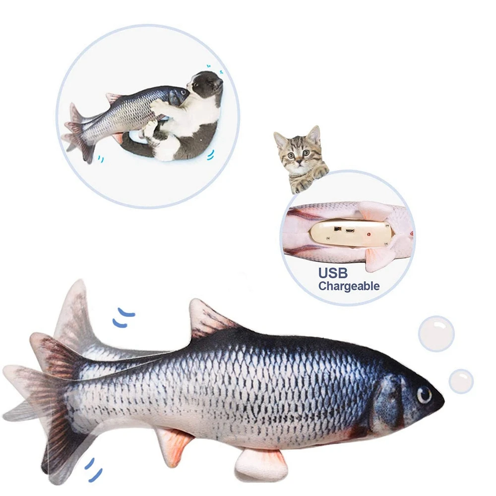 

11 Inch Low-Noise Realistic Cat Moving Fish Toy Chew Toy Kitten Fish Flap Cat Swing Plush Pillow USB Charging