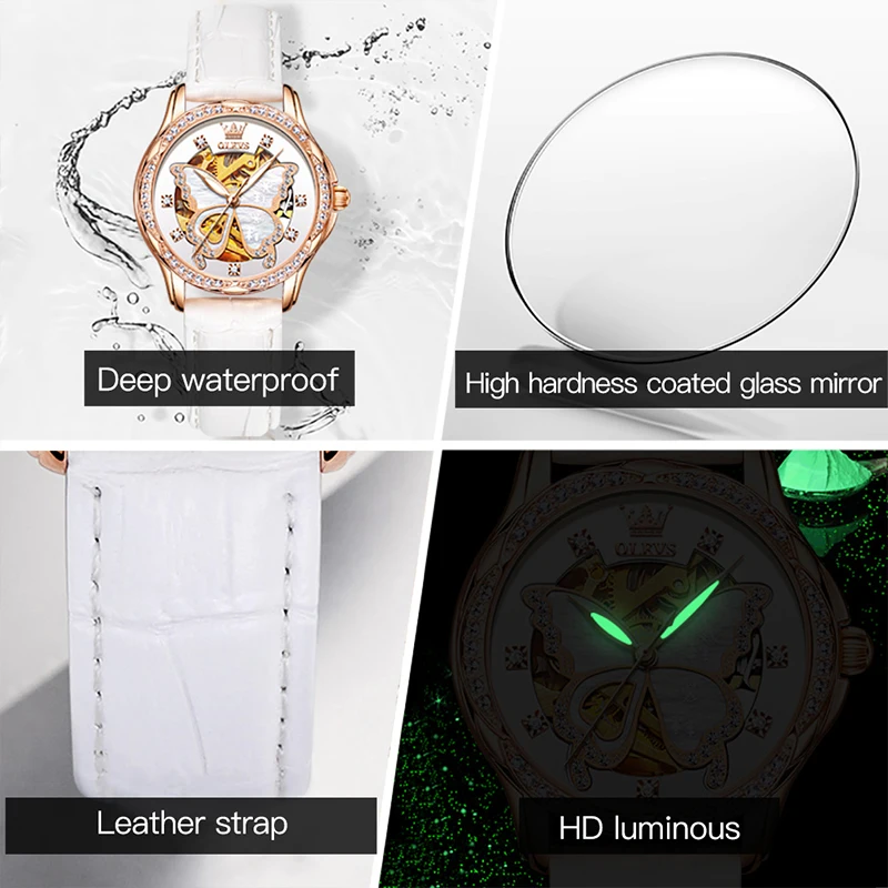 OLEVS Automatic Mechanical Watch Luxury Personality Butterfly Dial Luminous Waterproof Casual Fashion Women Watch Leather Strap enlarge