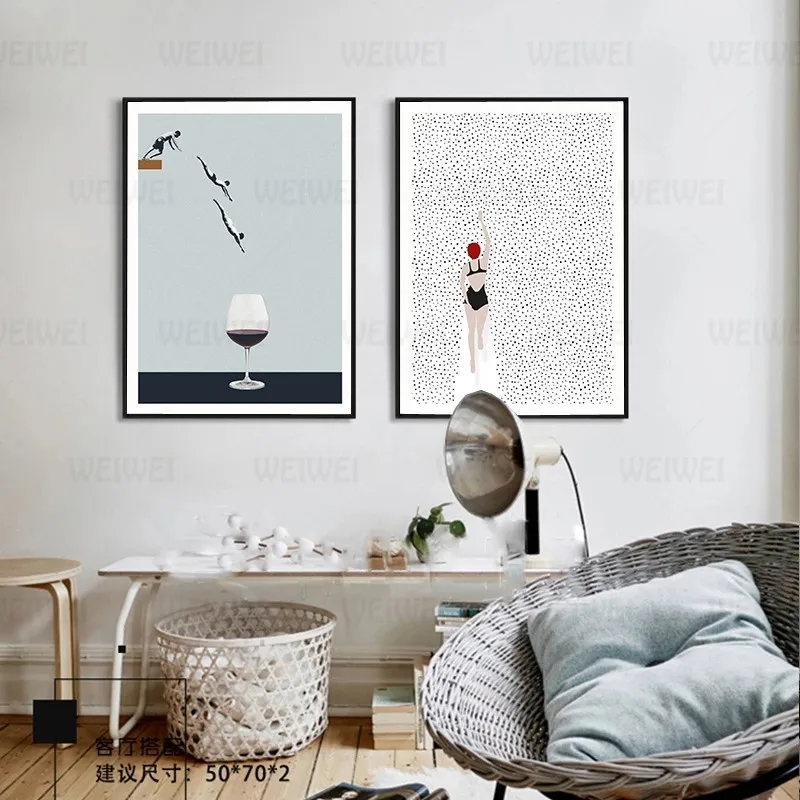 

Abstract Nordic Poster Swim Wine Glass Canvas Painting Wall Decor Art Pictures for Modern Living Room Decorative On The Wall