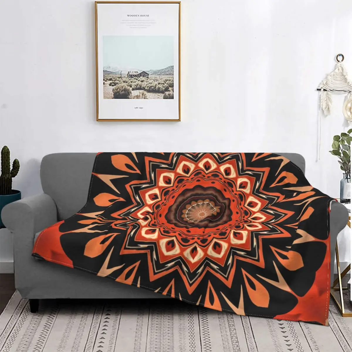 

Boho Chic Orange Rust Mandala Blanket Pattern Plush Warm SuperSoft Flannel Fleece Throw Blanket For Sofa Bedspread Cover Travel