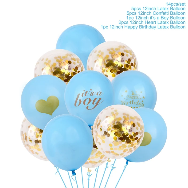 14pcs blue set QIFU Oh для маленьких мальчиков вечерние украшения детский душ воздушные Шары Баннер для маленьких девочек подарки на крещение принадлежности - Цвет: 14pcs blue set