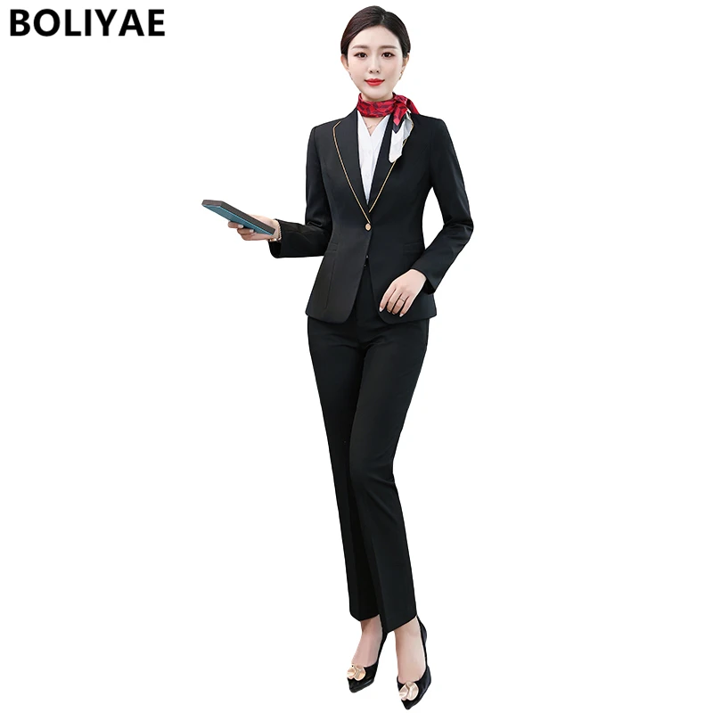 Boliyae Spring and Autumn Professional Pants Suit Women's Long Sleeve Blazers Office Work Clothes Set Woman 2 Piece Set Formal