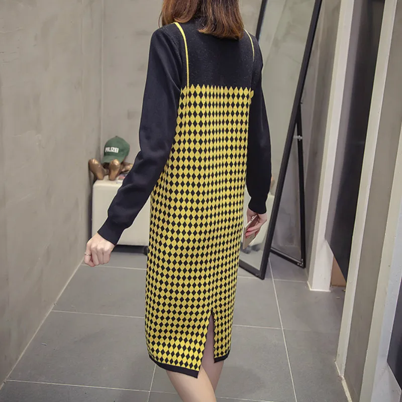 Milinsus Autumn Winter Large Size Women Knitted Dresses Girl Contrast Color Plaid Ladies Long Sleeve Vintage Elegant Dress