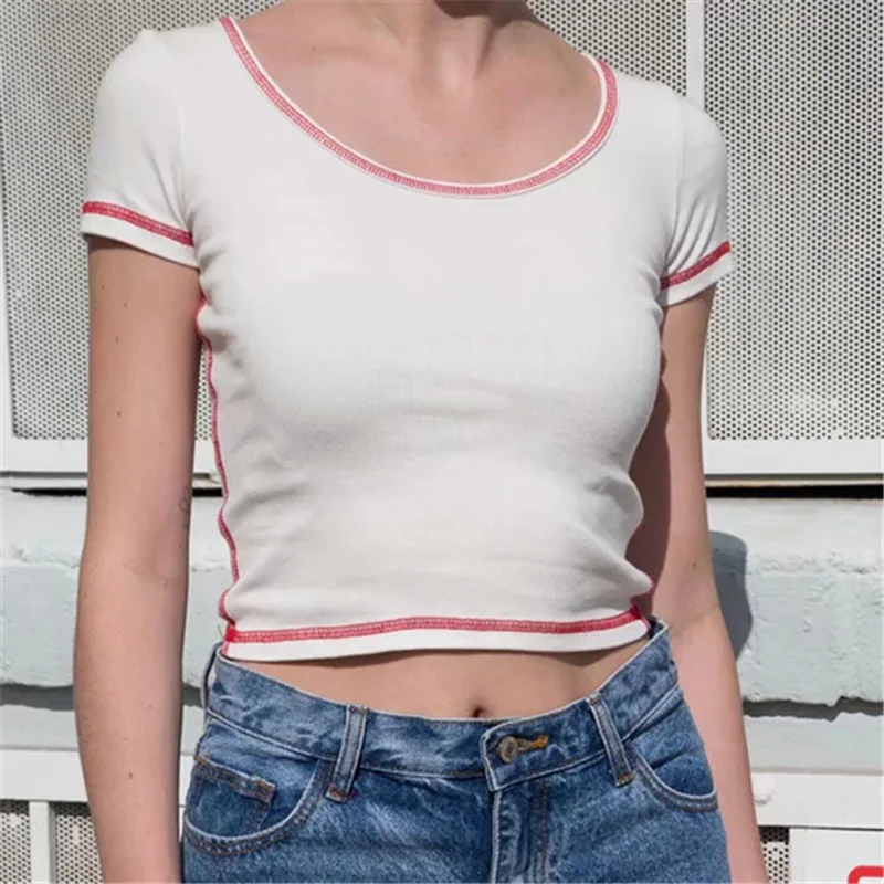

Women's T-Shirt Scoop Neck Crop Top Short Sleeve Brandy Zelly Summer Tee Women Tshirt 2021 Urban Girls Stitch Basic T-Shirts New