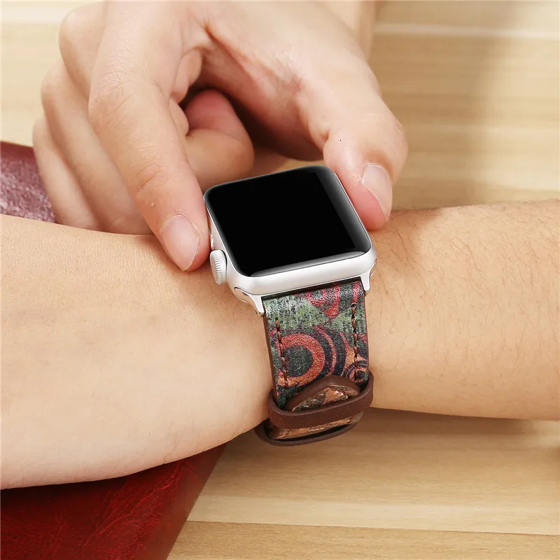 Винтажный кожаный ремешок для часов Apple Watch 38 мм 42 мм красный цветочный принт для женщин и мужчин сменный мужской т-браслет ремешок для iwatch 1 2 3