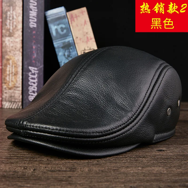 

Middle-aged and elderly people in autumn and winter leather caps men's fashion keep warm forward cowhide hats thick berets
