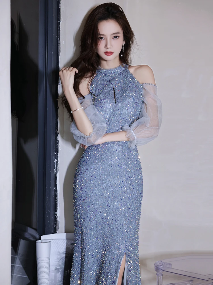 

Sexy Mermaid Evening Dresses Blue Halter Long Sequined Annual Party Gown Off The Shoulder High Split Slim Women Ball Gown