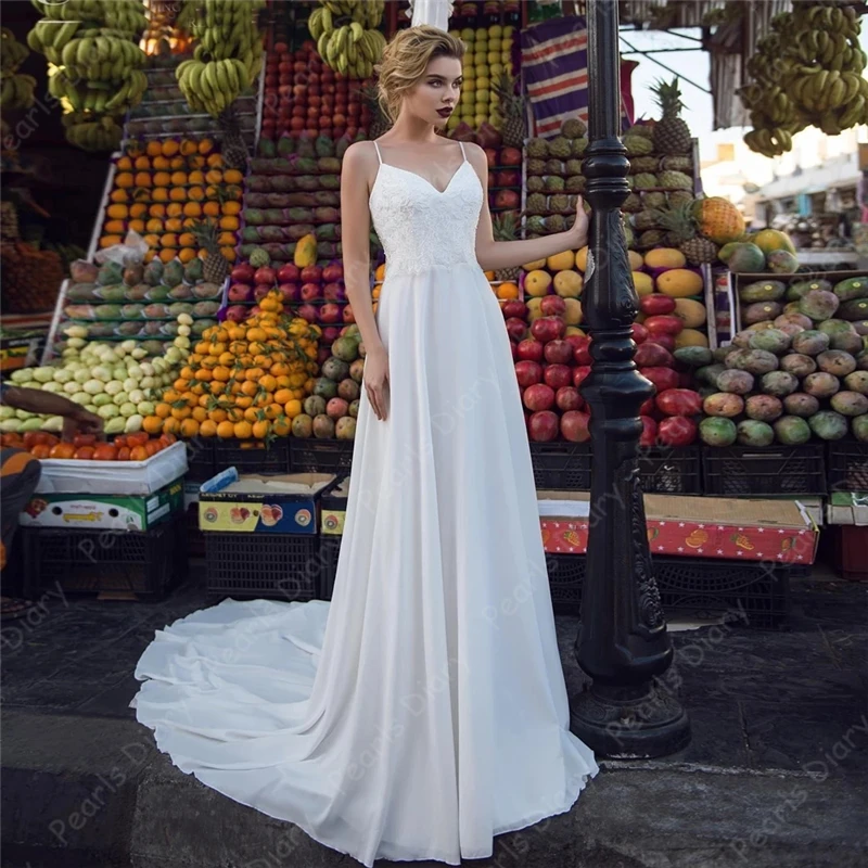 

Sexy Beach Wedding Dress Spaghetti Straps V Neck Chiffon Bohemian Bridal Dresses Robe De Mariee Backless Bride Gowns new Arrival