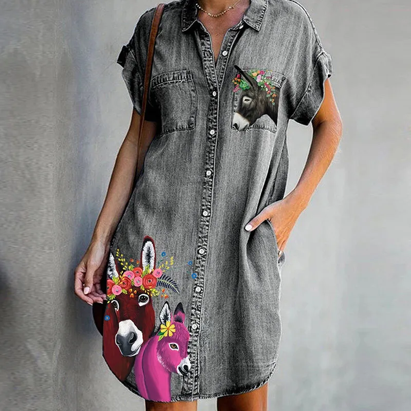 

Женское джинсовое платье с карманами, голубое мини-платье с отложным воротником и коротким рукавом, с мультяшным принтом, лето 2022