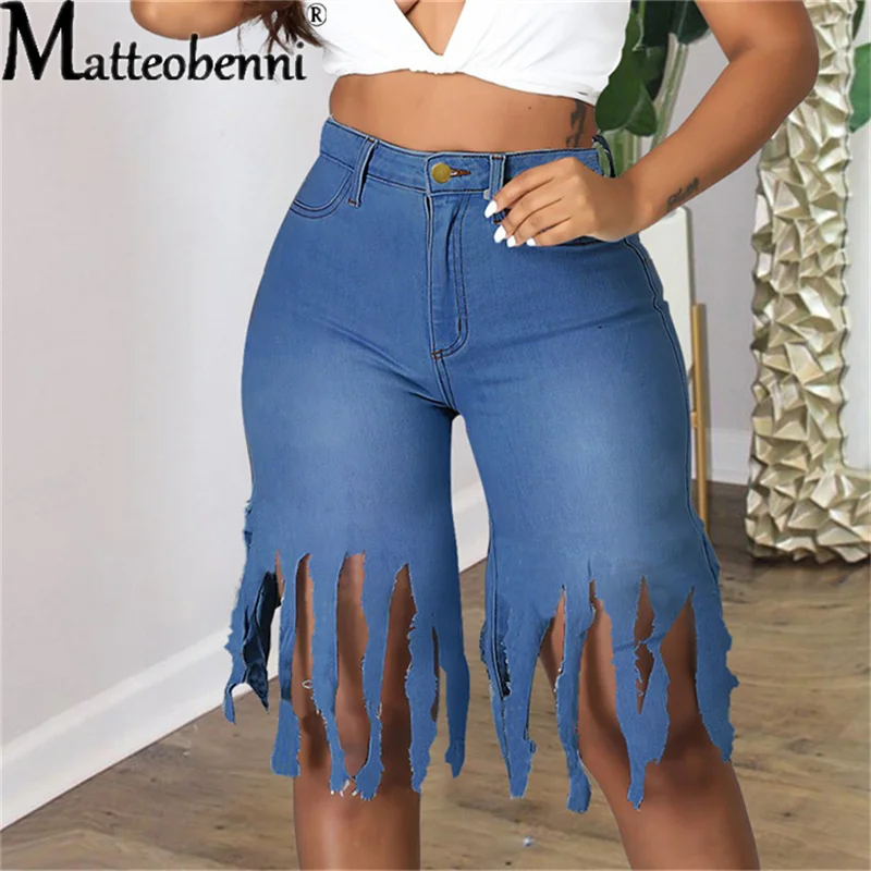 

Summer Hot New Women Jean Shorts Fashion Long Tassels Ripped High Waist Stretchy Slim Shorts 2021 Denim Knee Length Street Pants